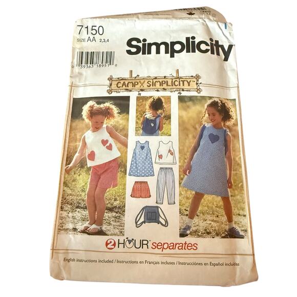 Camp Simplicity 7150 Vintage 1996 Girls Pattern Dress Top Capris Shorts Bag Cut - Picture 1 of 3